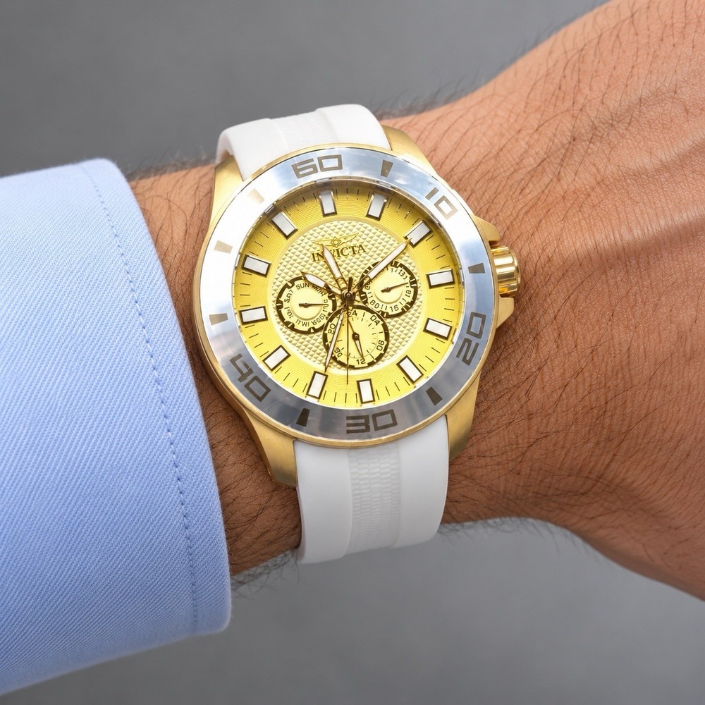 Invicta Men's Gold Tone Multifunction Quartz Yellow Dial White Silicone